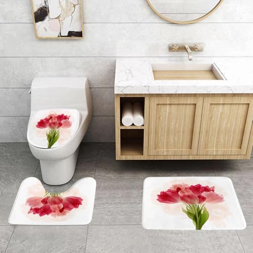 QRFASFZO 3 Stück Badematten und WC Vorleger Microfaser Weiches Badteppich badvorleger rutschfest Waschbar Badezimmerteppich Set,Blumen, Aquarellmalerei Blumenstrauß Tulpen Kunstdruck bot von QRFASFZO