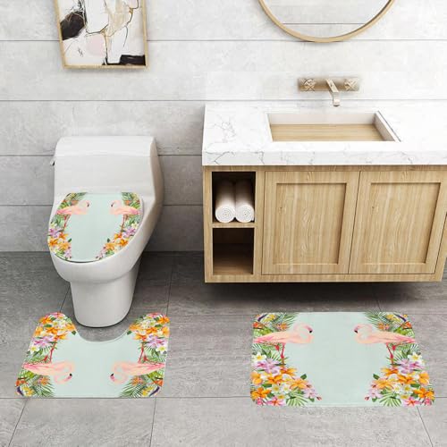 QRFASFZO 3 Stück Badematten und WC Vorleger Microfaser Weiches Badteppich badvorleger rutschfest Waschbar Badezimmerteppich Set,Blumen, Flamingos, Tropische Blumen und Flamingos, Kastanienbraun und QRFASFZO 3 Stück Badematten und WC Vorleger Microfaser Weiches Badteppich badvorleger rutschfest Waschbar Badezimmerteppich Set,Blumen, Flamingos, Tropische Blumen und Flamingos, Kastanienbraun und von QRFASFZO