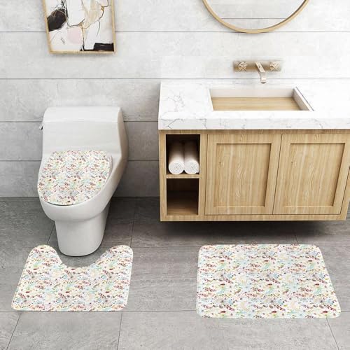QRFASFZO 3 Stück Badematten und WC Vorleger Microfaser Weiches Badteppich badvorleger rutschfest Waschbar Badezimmerteppich Set,Blumen, Frühlingsblütenblätter, botanische, von der Natur inspirierte von QRFASFZO