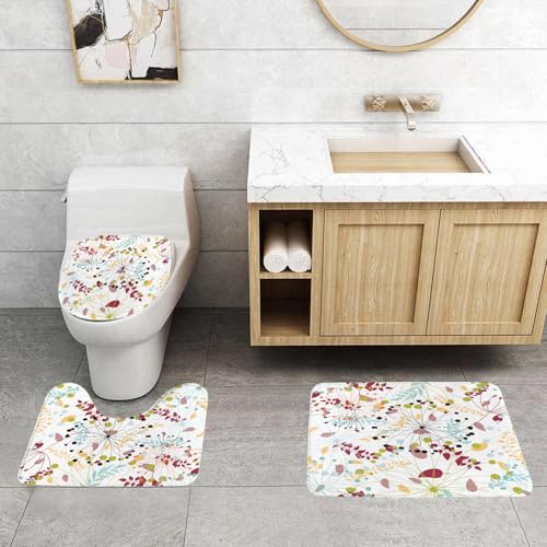 QRFASFZO 3 Stück Badematten und WC Vorleger Microfaser Weiches Badteppich badvorleger rutschfest Waschbar Badezimmerteppich Set,Blumen, Frühlingsblütenblätter, botanische, von der Natur inspirierte von QRFASFZO