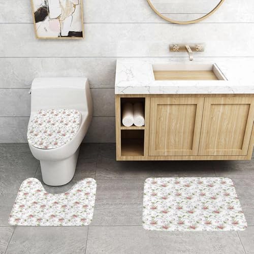 QRFASFZO 3 Stück Badematten und WC Vorleger Microfaser Weiches Badteppich badvorleger rutschfest Waschbar Badezimmerteppich Set,Blumen, Jugendstil Natur Illustration Starke Farbe Romantik Wohlstand von QRFASFZO