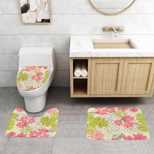 QRFASFZO 3 Stück Badematten und WC Vorleger Microfaser Weiches Badteppich badvorleger rutschfest Waschbar Badezimmerteppich Set,Blumen, handgezeichnete Pastellblütenblätter in lebendigem Kontrast NA von QRFASFZO