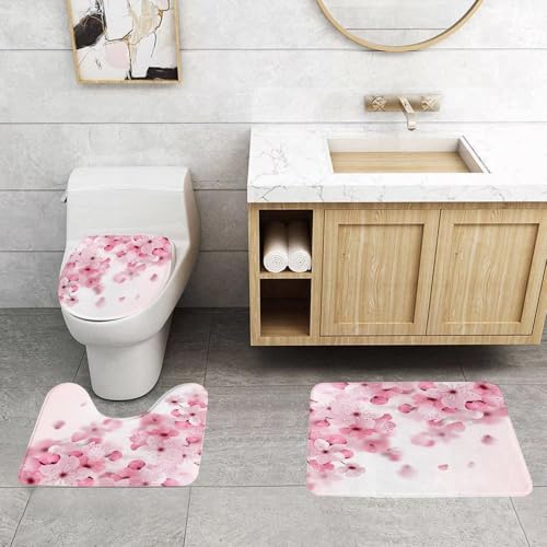 QRFASFZO 3 Stück Badematten und WC Vorleger Microfaser Weiches Badteppich badvorleger rutschfest Waschbar Badezimmerteppich Set,Blumen, japanische Sakura-Blumen blühen östlichen Frühling Natur Thema von QRFASFZO