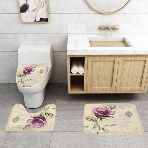 QRFASFZO 3 Stück Badematten und WC Vorleger Microfaser Weiches Badteppich badvorleger rutschfest Waschbar Badezimmerteppich Set,Blumenkunst, eine zarte lila Rose mit antiken Briefmarkenelementen ver von QRFASFZO