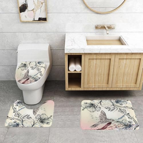 QRFASFZO 3 Stück Badematten und WC Vorleger Microfaser Weiches Badteppich badvorleger rutschfest Waschbar Badezimmerteppich Set,Blumenmuster, schwarzer Kolibri, umgeben von komplizierten Blumen mit QRFASFZO 3 Stück Badematten und WC Vorleger Microfaser Weiches Badteppich badvorleger rutschfest Waschbar Badezimmerteppich Set,Blumenmuster, schwarzer Kolibri, umgeben von komplizierten Blumen mit von QRFASFZO