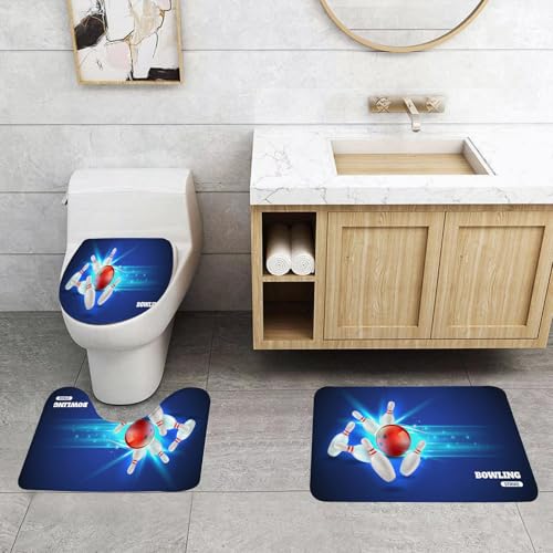 QRFASFZO 3 Stück Badematten und WC Vorleger Microfaser Weiches Badteppich badvorleger rutschfest Waschbar Badezimmerteppich Set,Bowling-Party-Dekoration, eine rote Kugel umgeworfener Kegel mit Wunde von QRFASFZO