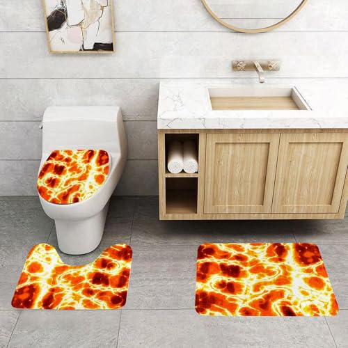 QRFASFZO 3 Stück Badematten und WC Vorleger Microfaser Weiches Badteppich badvorleger rutschfest Waschbar Badezimmerteppich Set,Brennende abstrakte Muster, Leuchtend orange und gelbe Formen erzeugen von QRFASFZO
