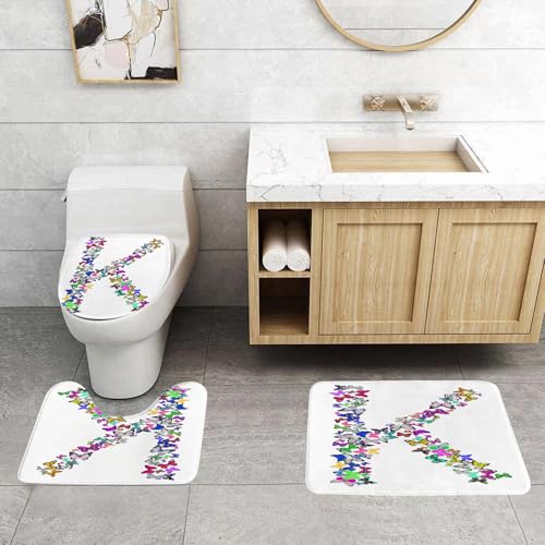 QRFASFZO 3 Stück Badematten und WC Vorleger Microfaser Weiches Badteppich badvorleger rutschfest Waschbar Badezimmerteppich Set,Buchstabe K, von der Natur inspirierte Typografie-Schriftzug mit flieg von QRFASFZO
