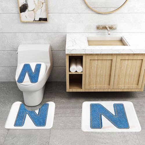 QRFASFZO 3 Stück Badematten und WC Vorleger Microfaser Weiches Badteppich badvorleger rutschfest Waschbar Badezimmerteppich Set,Buchstabe N, Großbuchstabe N mit Denim-Alphabet-Schriftdesign von QRFASFZO