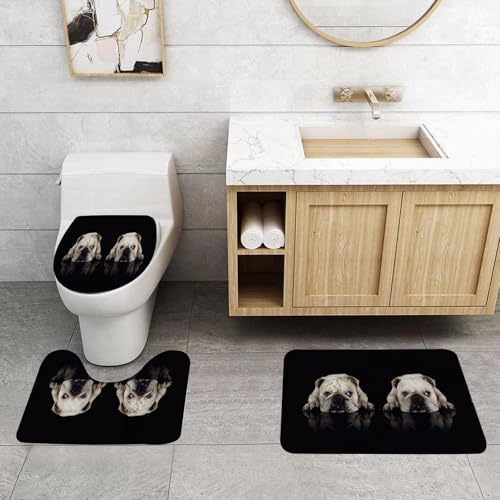 QRFASFZO 3 Stück Badematten und WC Vorleger Microfaser Weiches Badteppich badvorleger rutschfest Waschbar Badezimmerteppich Set,Bulldog im Spiegel, Monochromes Porträt von Zwei Bulldoggen, Bulldog z von QRFASFZO