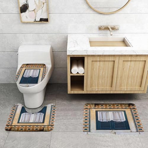 QRFASFZO 3 Stück Badematten und WC Vorleger Microfaser Weiches Badteppich badvorleger rutschfest Waschbar Badezimmerteppich Set,Bunte Keramikfliesenwand, grün gerahmtes Fenster, geometrische Fliesen QRFASFZO 3 Stück Badematten und WC Vorleger Microfaser Weiches Badteppich badvorleger rutschfest Waschbar Badezimmerteppich Set,Bunte Keramikfliesenwand, grün gerahmtes Fenster, geometrische Fliesen von QRFASFZO