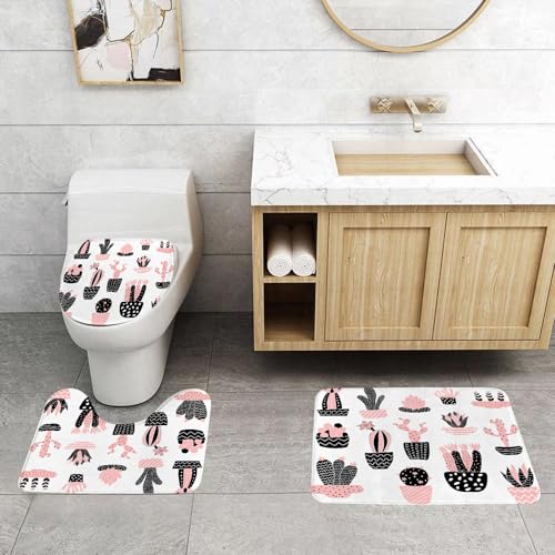 QRFASFZO 3 Stück Badematten und WC Vorleger Microfaser Weiches Badteppich badvorleger rutschfest Waschbar Badezimmerteppich Set,Cactus, eine Reihe von schwarzen und rosa Kaktus- und Sukkulenten-Desi von QRFASFZO