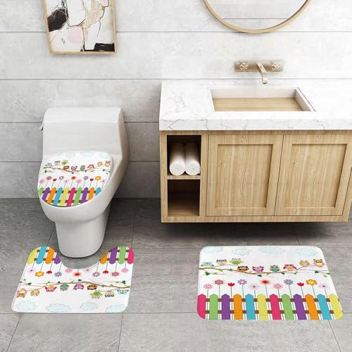 QRFASFZO 3 Stück Badematten und WC Vorleger Microfaser Weiches Badteppich badvorleger rutschfest Waschbar Badezimmerteppich Set,Cartoon, Bunte Eule sitzt auf einem AST mit Blumen und Zäunen als Hint QRFASFZO 3 Stück Badematten und WC Vorleger Microfaser Weiches Badteppich badvorleger rutschfest Waschbar Badezimmerteppich Set,Cartoon, Bunte Eule sitzt auf einem AST mit Blumen und Zäunen als Hint von QRFASFZO