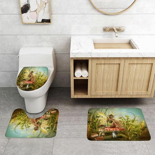 QRFASFZO 3 Stück Badematten und WC Vorleger Microfaser Weiches Badteppich badvorleger rutschfest Waschbar Badezimmerteppich Set,Cartoon, EIN Elf mit glitzernden Flügeln, umgeben von hohen Pflanzen, von QRFASFZO
