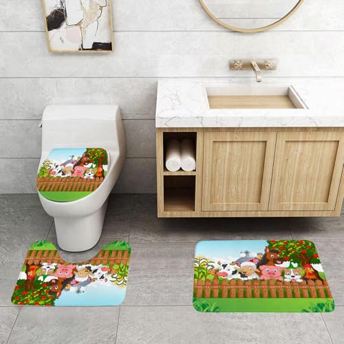 QRFASFZO 3 Stück Badematten und WC Vorleger Microfaser Weiches Badteppich badvorleger rutschfest Waschbar Badezimmerteppich Set,Cartoon, Komposition süße Nutztiere auf Zaun Comic-Maskottchen mit Hun von QRFASFZO