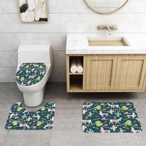 QRFASFZO 3 Stück Badematten und WC Vorleger Microfaser Weiches Badteppich badvorleger rutschfest Waschbar Badezimmerteppich Set,Cartoon, Wiederholte Bunte Lamas, Kakteen und Florale Elemente auf dun von QRFASFZO