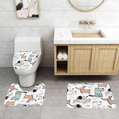 QRFASFZO 3 Stück Badematten und WC Vorleger Microfaser Weiches Badteppich badvorleger rutschfest Waschbar Badezimmerteppich Set,Cartoon, Wiederholungsdesign verschiedener handgemalter bunter Welpenm von QRFASFZO
