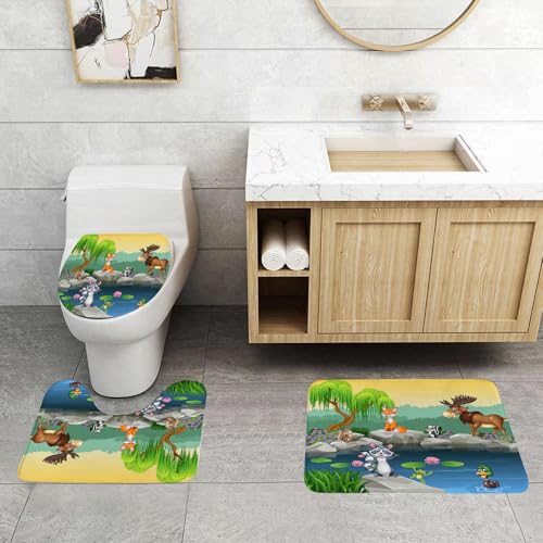 QRFASFZO 3 Stück Badematten und WC Vorleger Microfaser Weiches Badteppich badvorleger rutschfest Waschbar Badezimmerteppich Set,Cartoon, fröhliche Tiere Spielen rund um den Teich, umgeben von Grün u von QRFASFZO