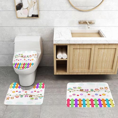 QRFASFZO 3 Stück Badematten und WC Vorleger Microfaser Weiches Badteppich badvorleger rutschfest Waschbar Badezimmerteppich Set,Cartoon-Kunst, Bunte Eulen auf Ästen über Blumen, vor Einer Reihe bunt QRFASFZO 3 Stück Badematten und WC Vorleger Microfaser Weiches Badteppich badvorleger rutschfest Waschbar Badezimmerteppich Set,Cartoon-Kunst, Bunte Eulen auf Ästen über Blumen, vor Einer Reihe bunt von QRFASFZO