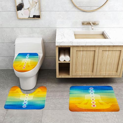 QRFASFZO 3 Stück Badematten und WC Vorleger Microfaser Weiches Badteppich badvorleger rutschfest Waschbar Badezimmerteppich Set,Chakra-Dekoration, zentraler, farbverlaufsgefärbter digitaler weiblich von QRFASFZO