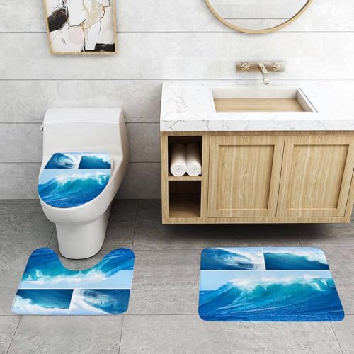 QRFASFZO 3 Stück Badematten und WC Vorleger Microfaser Weiches Badteppich badvorleger rutschfest Waschbar Badezimmerteppich Set,Collage aus Fotos mit Meereswellen im Hintergrund, fesselnde Bilder, d von QRFASFZO