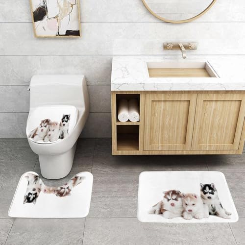 QRFASFZO 3 Stück Badematten und WC Vorleger Microfaser Weiches Badteppich badvorleger rutschfest Waschbar Badezimmerteppich Set,DREI süße kleine sibirische Welpen Blaue Augen Bild Dekoration von QRFASFZO