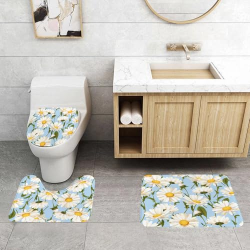 QRFASFZO 3 Stück Badematten und WC Vorleger Microfaser Weiches Badteppich badvorleger rutschfest Waschbar Badezimmerteppich Set,Daisy-Thema, Sich wiederholendes Design aus weißen Gänseblümchen auf h von QRFASFZO
