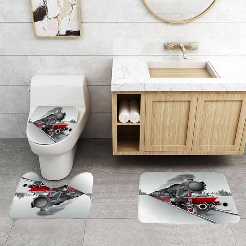 QRFASFZO 3 Stück Badematten und WC Vorleger Microfaser Weiches Badteppich badvorleger rutschfest Waschbar Badezimmerteppich Set,Dampfzug-Illustration, Themengrafik in Bewegung, schwarz-roter Dampfzu QRFASFZO 3 Stück Badematten und WC Vorleger Microfaser Weiches Badteppich badvorleger rutschfest Waschbar Badezimmerteppich Set,Dampfzug-Illustration, Themengrafik in Bewegung, schwarz-roter Dampfzu von QRFASFZO