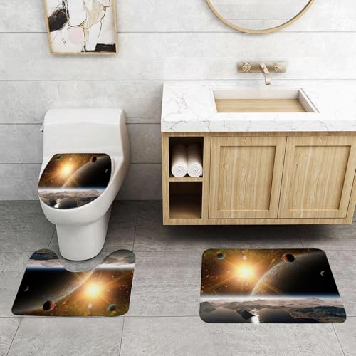 QRFASFZO 3 Stück Badematten und WC Vorleger Microfaser Weiches Badteppich badvorleger rutschfest Waschbar Badezimmerteppich Set,Das Licht der Sonne erleuchtet einen geheimnisvollen Planeten, umgeben von QRFASFZO