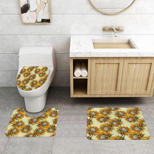 QRFASFZO 3 Stück Badematten und WC Vorleger Microfaser Weiches Badteppich badvorleger rutschfest Waschbar Badezimmerteppich Set,Das Sich wiederholende Muster der Sonnenblumen, Kontinuierliches Desig von QRFASFZO