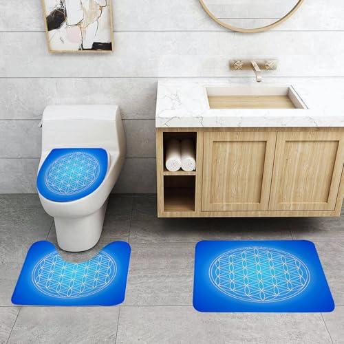 QRFASFZO 3 Stück Badematten und WC Vorleger Microfaser Weiches Badteppich badvorleger rutschfest Waschbar Badezimmerteppich Set,Dekor der Heiligen Geometrie, Gittermuster der Blume des Lebens, Beste von QRFASFZO