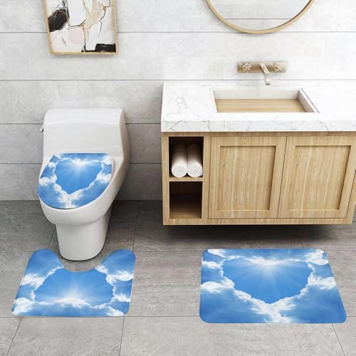 QRFASFZO 3 Stück Badematten und WC Vorleger Microfaser Weiches Badteppich badvorleger rutschfest Waschbar Badezimmerteppich Set,Der Himmel, die Sonne scheint durch die Wolken und bildet eine herzför von QRFASFZO