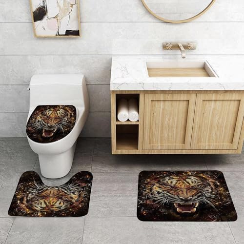 QRFASFZO 3 Stück Badematten und WC Vorleger Microfaser Weiches Badteppich badvorleger rutschfest Waschbar Badezimmerteppich Set,Der Wilde Tiger entfesselt Seine Primitive Kraft, Brüllender majestäti von QRFASFZO