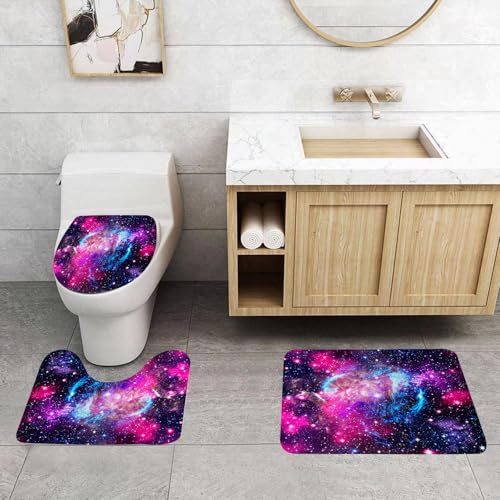 QRFASFZO 3 Stück Badematten und WC Vorleger Microfaser Weiches Badteppich badvorleger rutschfest Waschbar Badezimmerteppich Set,Der rosa und Blaue Sternenhimmel zeigt Sich lebendig und leuchtet mit von QRFASFZO