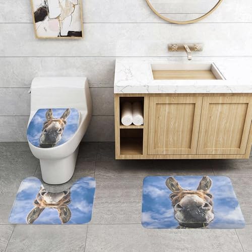 QRFASFZO 3 Stück Badematten und WC Vorleger Microfaser Weiches Badteppich badvorleger rutschfest Waschbar Badezimmerteppich Set,Detaillierte Ansicht des Tiercharakters Esel, einschließlich Seiner gr von QRFASFZO