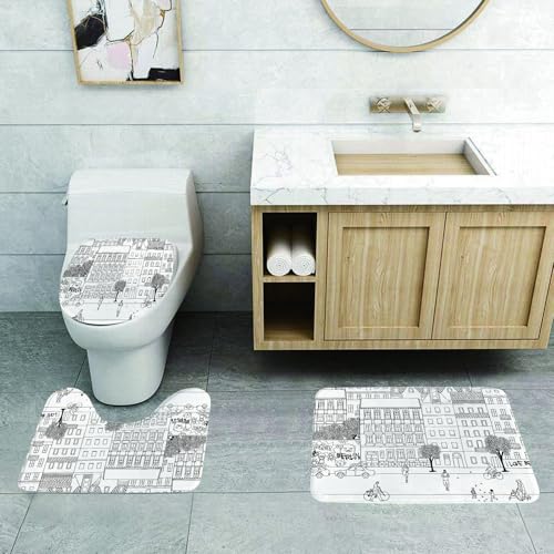 QRFASFZO 3 Stück Badematten und WC Vorleger Microfaser Weiches Badteppich badvorleger rutschfest Waschbar Badezimmerteppich Set,Deutsche Monochrome Skizze der handgezeichneten städtischen Szene des von QRFASFZO