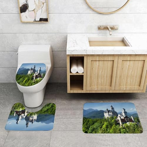 QRFASFZO 3 Stück Badematten und WC Vorleger Microfaser Weiches Badteppich badvorleger rutschfest Waschbar Badezimmerteppich Set,Deutschland Schloss Neuschwanstein Angenehme Naturlandschaft Mit Grüne von QRFASFZO