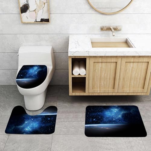 QRFASFZO 3 Stück Badematten und WC Vorleger Microfaser Weiches Badteppich badvorleger rutschfest Waschbar Badezimmerteppich Set,Die Erde unter Einer glitzernd blauen Galaxie in den Weiten des Weltra von QRFASFZO