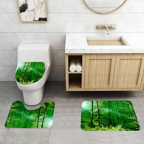 QRFASFZO 3 Stück Badematten und WC Vorleger Microfaser Weiches Badteppich badvorleger rutschfest Waschbar Badezimmerteppich Set,Die Sonne scheint durch das üppige Blätterdach und strahlt EIN sanftes von QRFASFZO