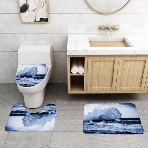 QRFASFZO 3 Stück Badematten und WC Vorleger Microfaser Weiches Badteppich badvorleger rutschfest Waschbar Badezimmerteppich Set,Dramatische Küste Große Flut in Aktion Taifun Kräfte der Natur Panoram von QRFASFZO