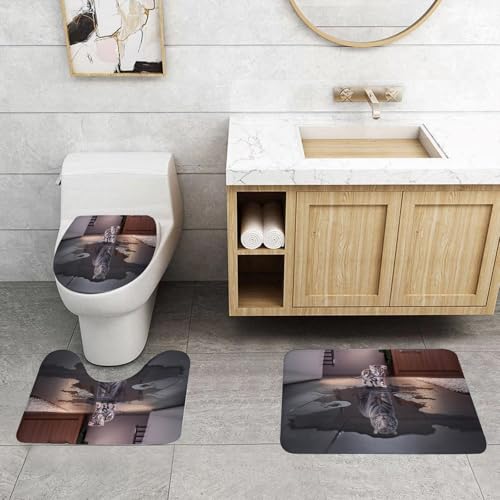 QRFASFZO 3 Stück Badematten und WC Vorleger Microfaser Weiches Badteppich badvorleger rutschfest Waschbar Badezimmerteppich Set,EIN gestreiftes Kätzchen SAH den Tiger an, der Sich auf dem Boden spie von QRFASFZO