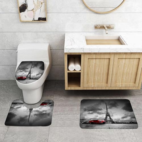 QRFASFZO 3 Stück Badematten und WC Vorleger Microfaser Weiches Badteppich badvorleger rutschfest Waschbar Badezimmerteppich Set,Eiffelturm, Künstlerisches Bild des Eiffelturms, Paris, Schwarz und We von QRFASFZO