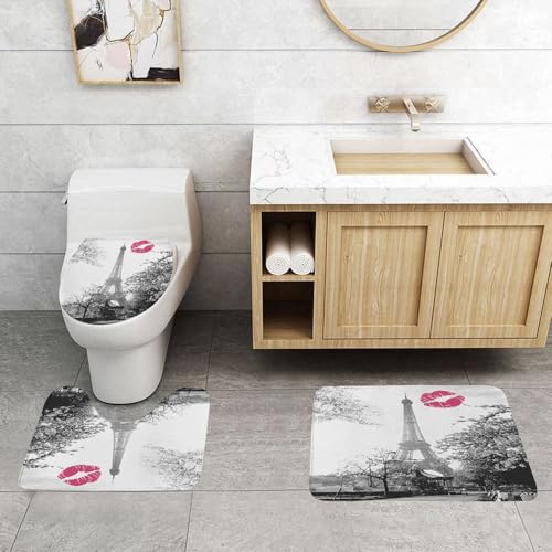 QRFASFZO 3 Stück Badematten und WC Vorleger Microfaser Weiches Badteppich badvorleger rutschfest Waschbar Badezimmerteppich Set,Eiffelturm Paris Monochrome und Französisch Kuss Romantik Kunstdrucke von QRFASFZO