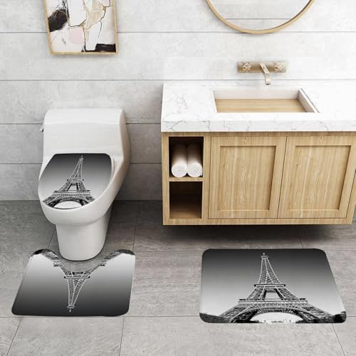 QRFASFZO 3 Stück Badematten und WC Vorleger Microfaser Weiches Badteppich badvorleger rutschfest Waschbar Badezimmerteppich Set,Eiffelturmmauer, Wahrzeichen von Paris und monochromes Bild des Stadtb von QRFASFZO