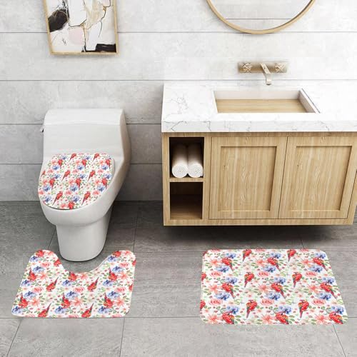 QRFASFZO 3 Stück Badematten und WC Vorleger Microfaser Weiches Badteppich badvorleger rutschfest Waschbar Badezimmerteppich Set,Eine Reihe roter Papageien und blühender blau-rosa Blumen erzeugen EIN QRFASFZO 3 Stück Badematten und WC Vorleger Microfaser Weiches Badteppich badvorleger rutschfest Waschbar Badezimmerteppich Set,Eine Reihe roter Papageien und blühender blau-rosa Blumen erzeugen EIN von QRFASFZO