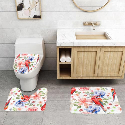 QRFASFZO 3 Stück Badematten und WC Vorleger Microfaser Weiches Badteppich badvorleger rutschfest Waschbar Badezimmerteppich Set,Eine Reihe roter Papageien und blühender blau-rosa Blumen erzeugen EIN QRFASFZO 3 Stück Badematten und WC Vorleger Microfaser Weiches Badteppich badvorleger rutschfest Waschbar Badezimmerteppich Set,Eine Reihe roter Papageien und blühender blau-rosa Blumen erzeugen EIN von QRFASFZO