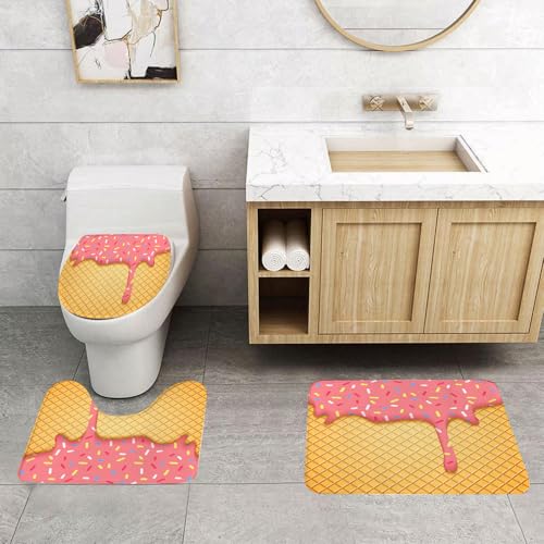 QRFASFZO 3 Stück Badematten und WC Vorleger Microfaser Weiches Badteppich badvorleger rutschfest Waschbar Badezimmerteppich Set,Eiscreme-Kunstwerk, rosa Zuckerguss, bunt bestreut auf goldenen Waffel QRFASFZO 3 Stück Badematten und WC Vorleger Microfaser Weiches Badteppich badvorleger rutschfest Waschbar Badezimmerteppich Set,Eiscreme-Kunstwerk, rosa Zuckerguss, bunt bestreut auf goldenen Waffel von QRFASFZO