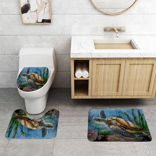 QRFASFZO 3 Stück Badematten und WC Vorleger Microfaser Weiches Badteppich badvorleger rutschfest Waschbar Badezimmerteppich Set,Elegante Aquarellschildkröte, die im Ozean schwimmt, wunderschöne Wass QRFASFZO 3 Stück Badematten und WC Vorleger Microfaser Weiches Badteppich badvorleger rutschfest Waschbar Badezimmerteppich Set,Elegante Aquarellschildkröte, die im Ozean schwimmt, wunderschöne Wass von QRFASFZO