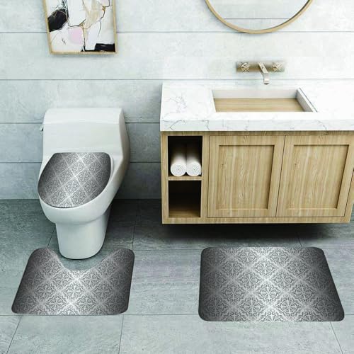 QRFASFZO 3 Stück Badematten und WC Vorleger Microfaser Weiches Badteppich badvorleger rutschfest Waschbar Badezimmerteppich Set,Elegante grau verzierte Tapete mit schönen Schriftrollen aus grauen Sc von QRFASFZO