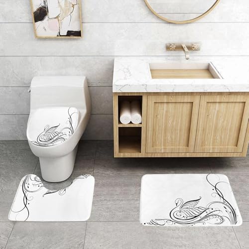 QRFASFZO 3 Stück Badematten und WC Vorleger Microfaser Weiches Badteppich badvorleger rutschfest Waschbar Badezimmerteppich Set,Elegante schwarz-weiße Schwäne, wunderschönes monochromes Schwanen-Kun von QRFASFZO